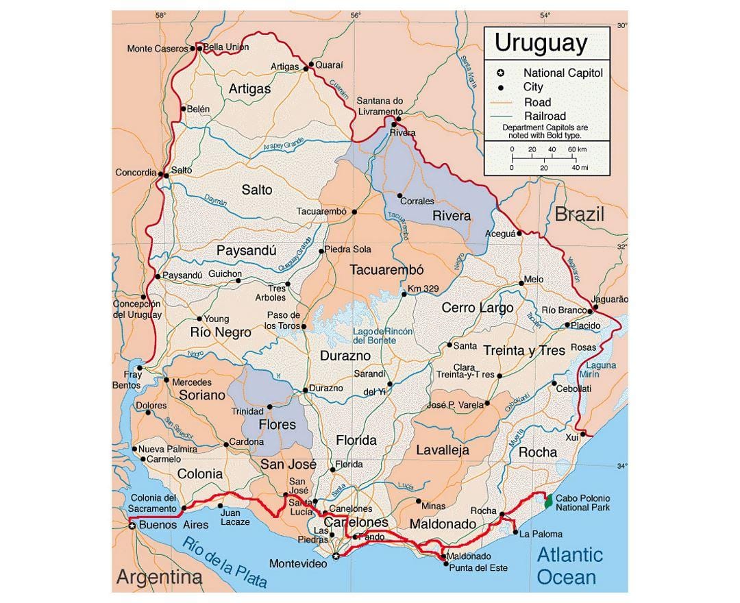 Карта Уругваја са града